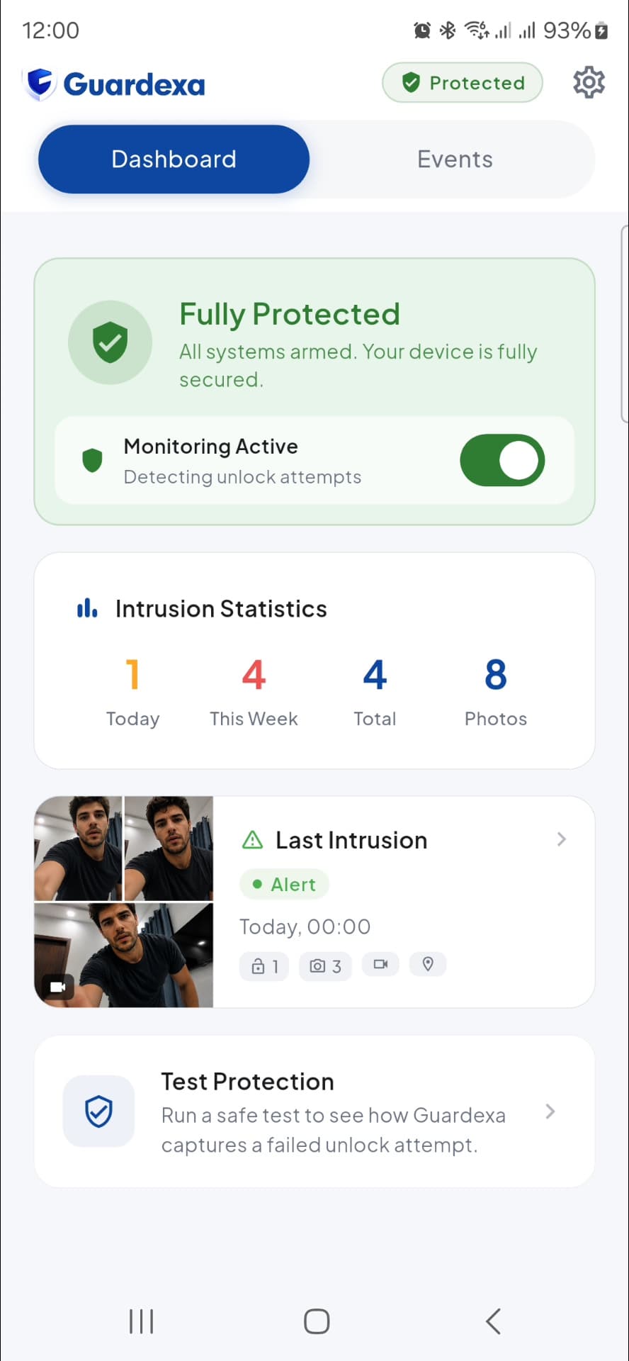 Guardexa dashboard, showing a fully protected status card with monitoring active, intrusion statistics, and the last intrusion entry with its captured photos