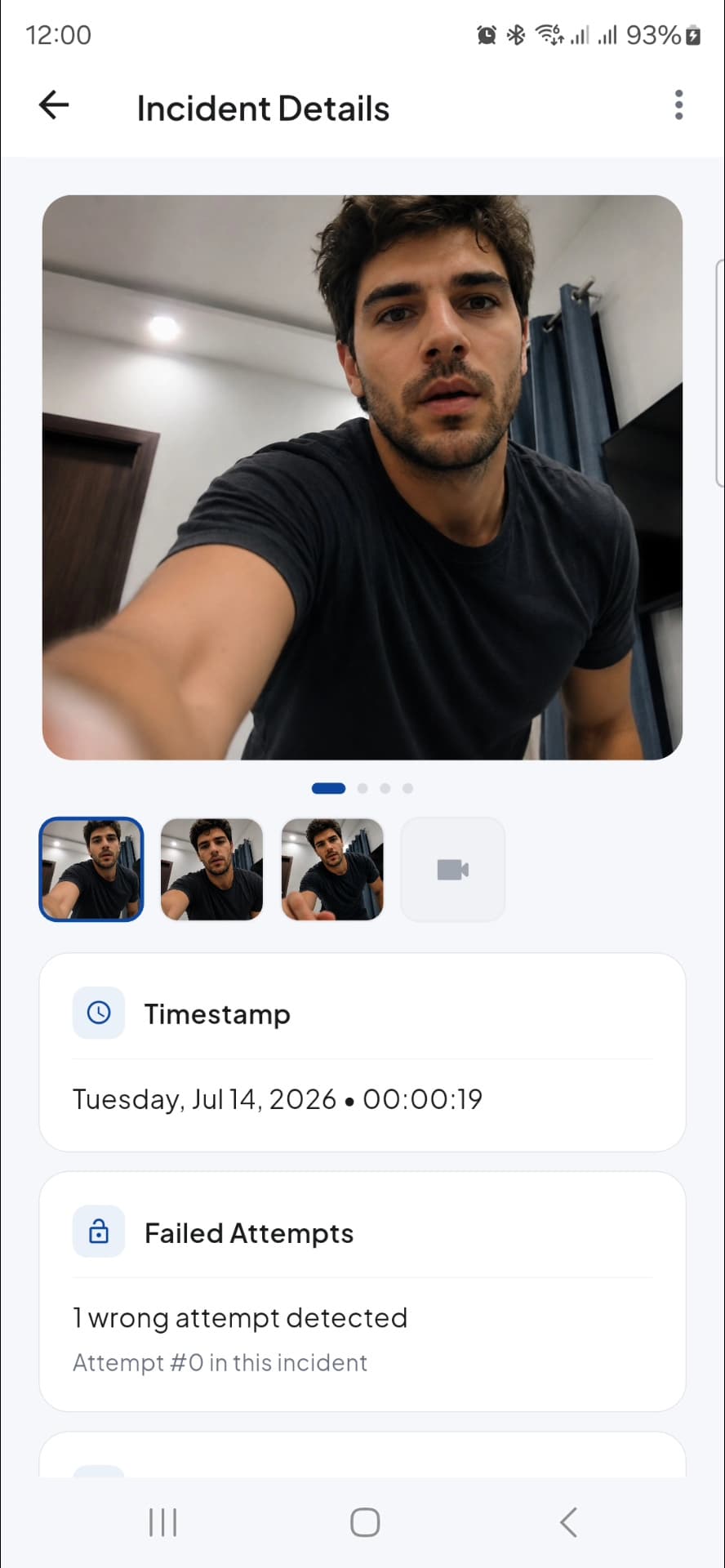 Guardexa incident details screen, showing the photo captured after a failed unlock, a strip of further captures, the timestamp and the number of failed attempts