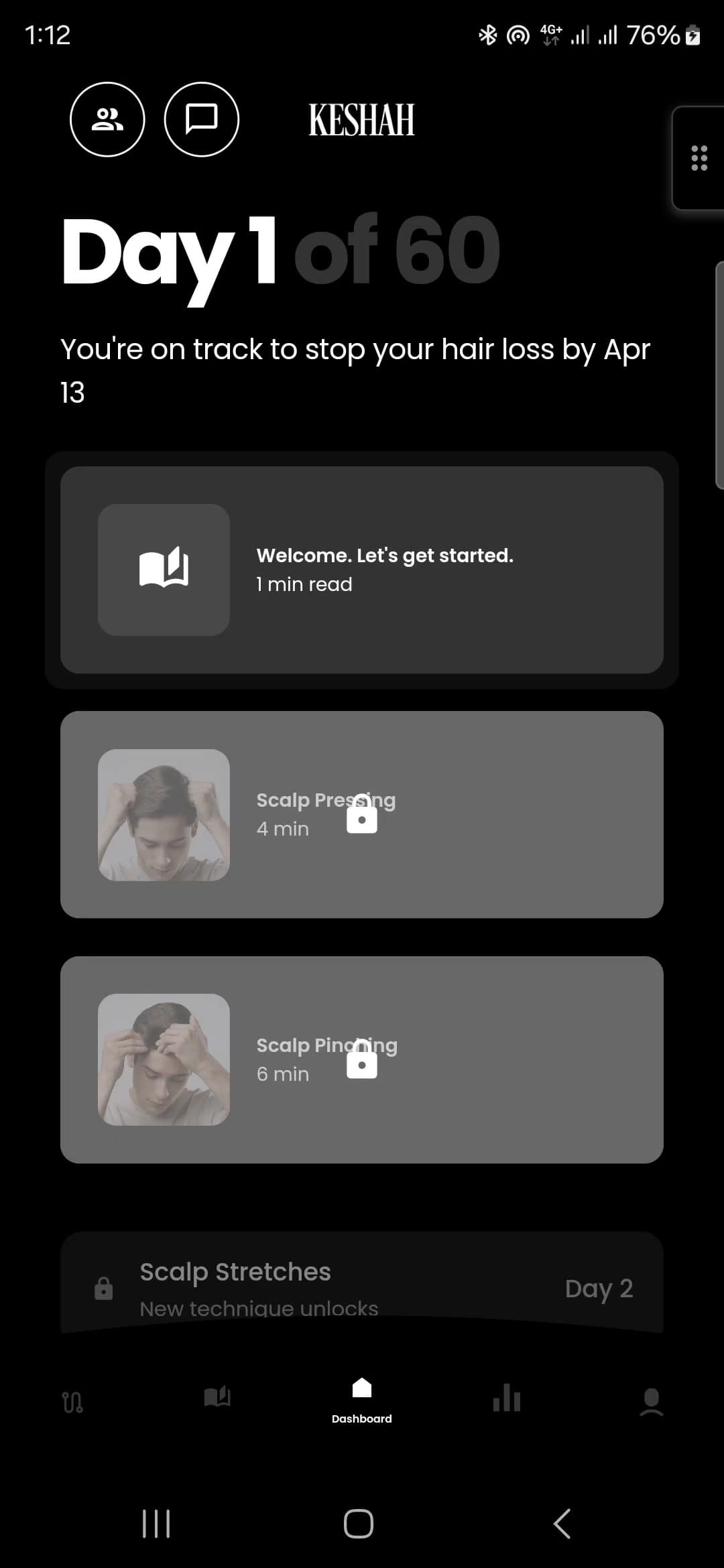 KESHAH dashboard, showing day 1 of a 60 day programme and the date it projects hair loss stopping, above an introductory reading card and scalp exercises that unlock on later days