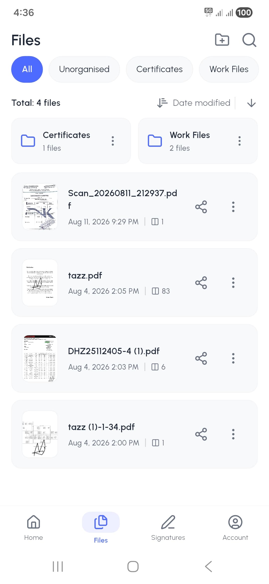 SparkPDF files screen, showing folders and a list of saved PDFs with dates and page counts