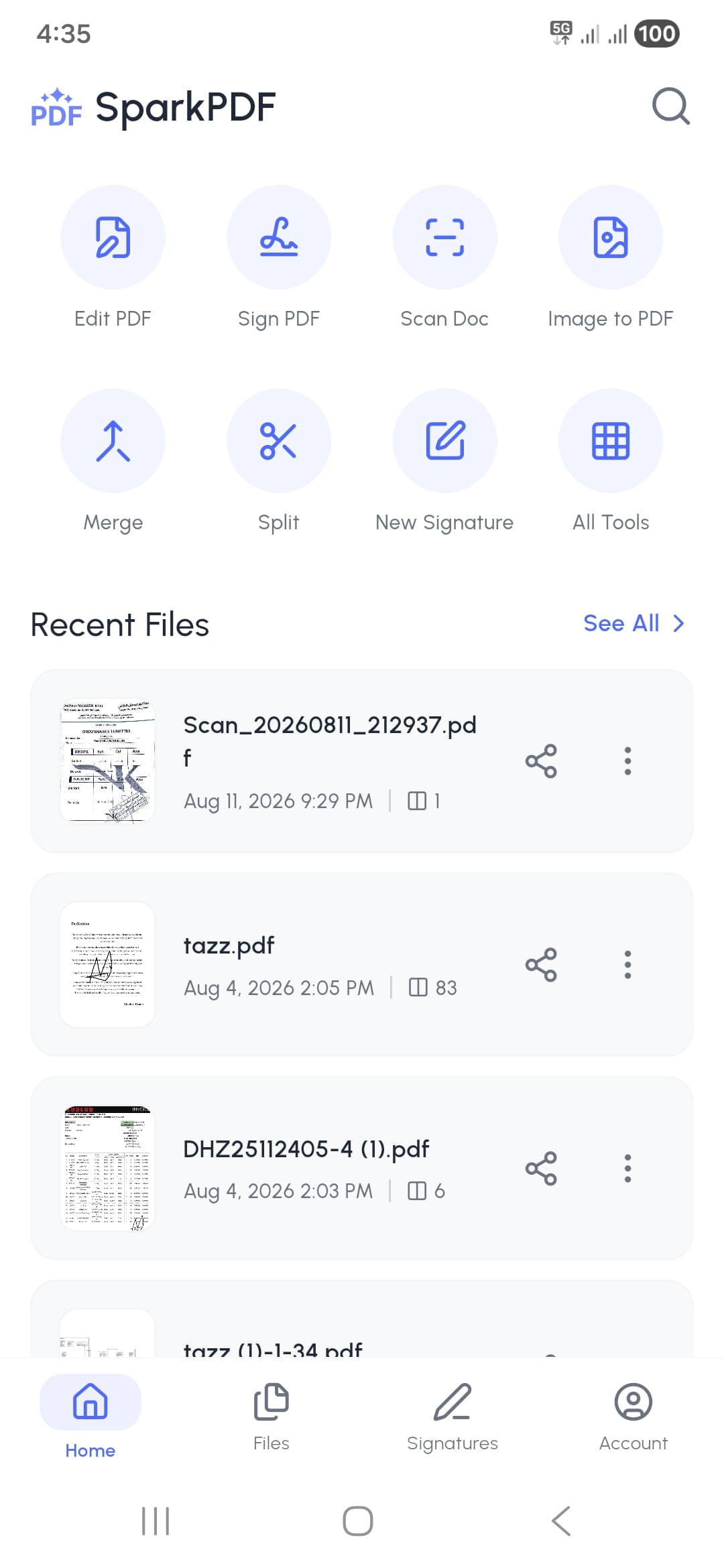 SparkPDF home screen, showing a grid of tools including edit, sign, scan and merge, above a list of recent PDFs