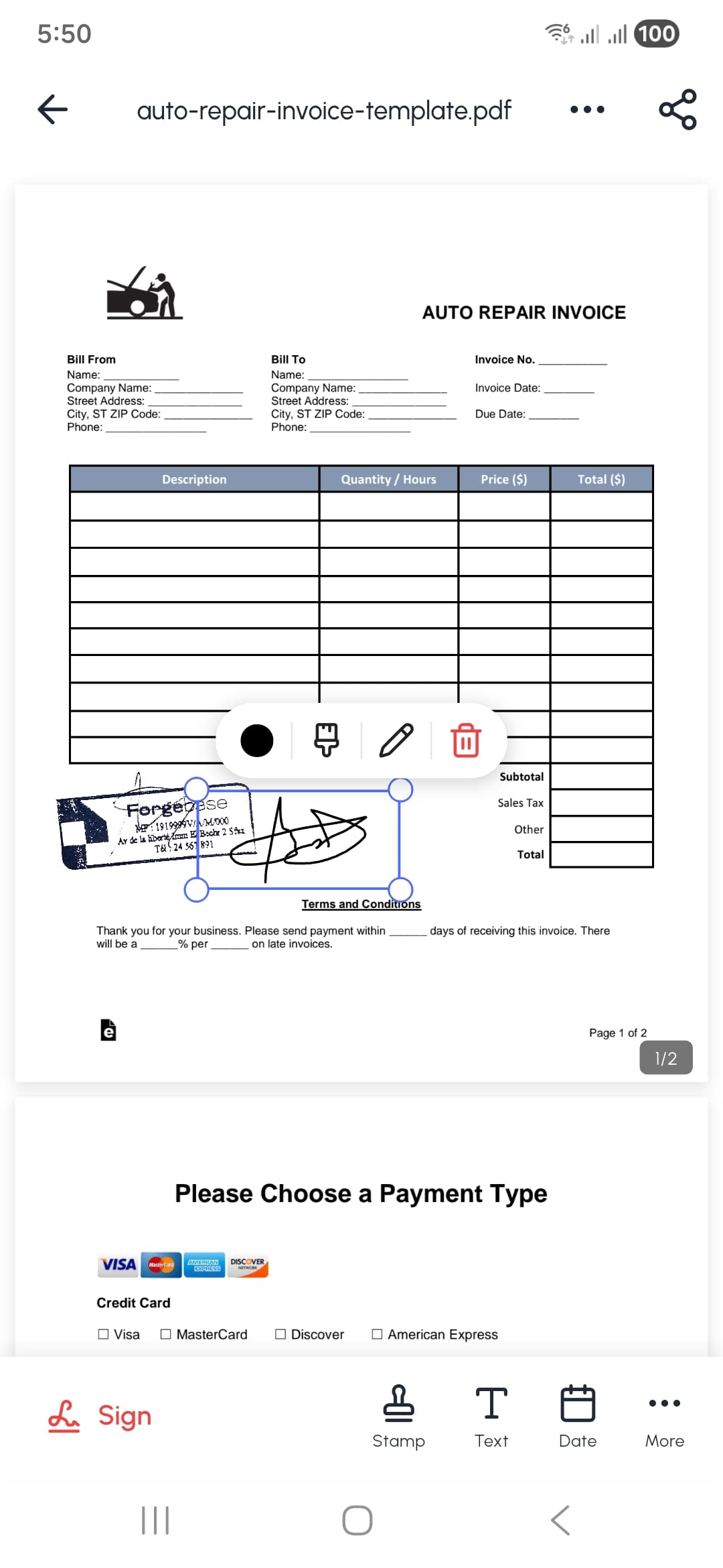 SparkPDF editing an invoice, with a signature and a stamp placed on the page and the sign, stamp, text and date tools along the bottom